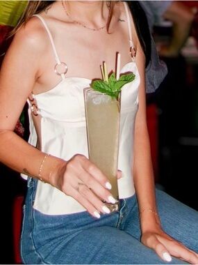 silence + noise Cream Satin Spaghetti Strap Bustier Top with Ring Detail